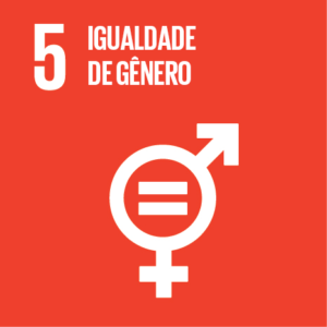 Ícone da ODS 5 Igualdade de Gênero. Em fundo vermelho, o número 5 aparece ao lado da frase "Igualdade de Gênero". Abaixo, um símbolo que combina os ícones de gênero feminino e masculino, com um sinal de igual no centro.