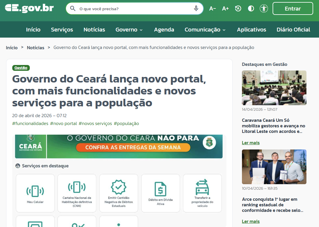 print da tela inicial do novo portal do Governo do Estado do Ceará